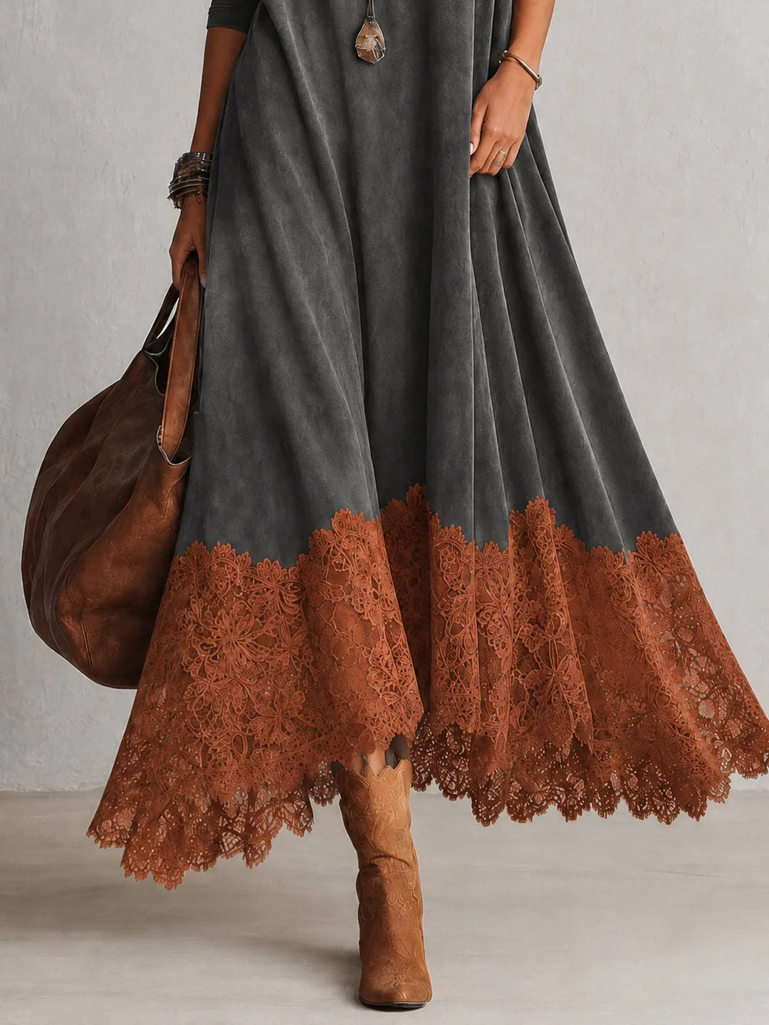 Paloma | Vestido largo efecto ante con bajo de encaje