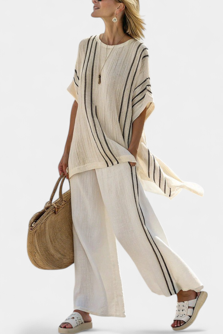 Greysen | Elegante blusa de lino marfil y pantalones de rayas negras