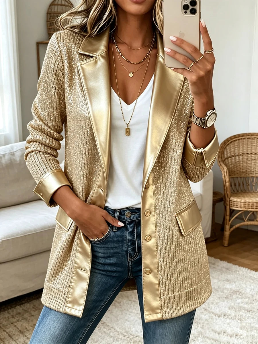 Aurelia | Blazer de punto dorado con ribetes de polipiel