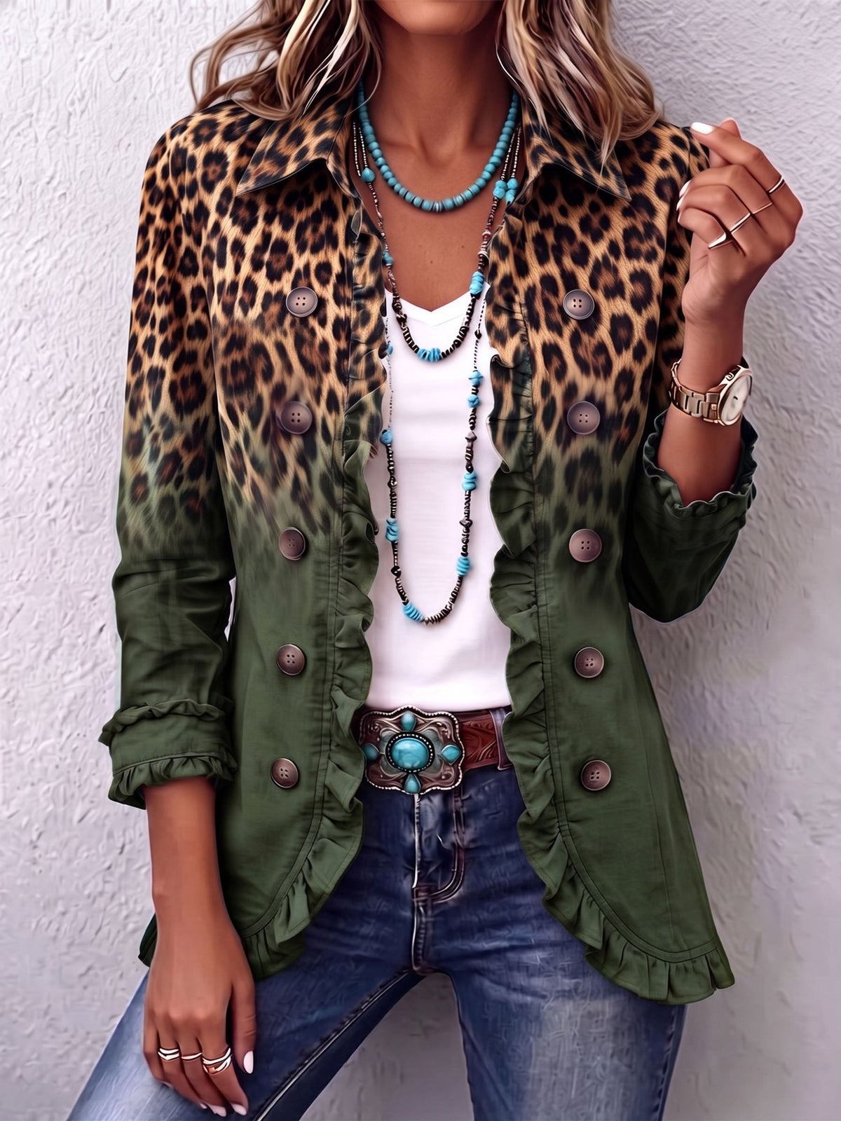 Ernestina | Chaqueta blazer leopardo verde con volantes