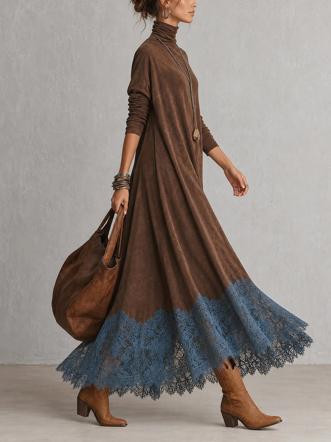 Paloma | Vestido largo efecto ante con bajo de encaje