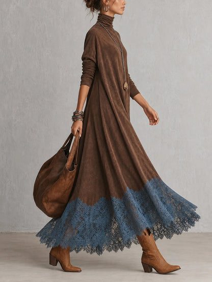 Paloma | Vestido largo efecto ante con bajo de encaje