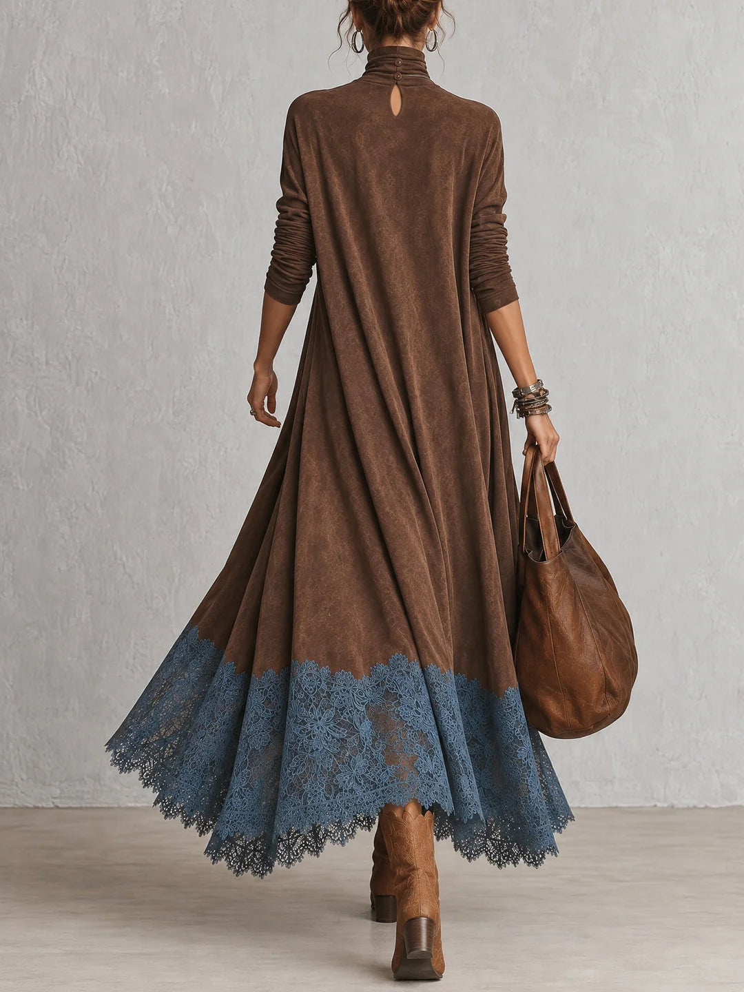 Paloma | Vestido largo efecto ante con bajo de encaje