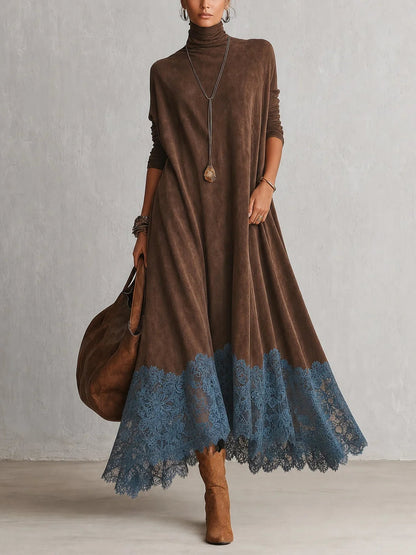 Paloma | Vestido largo efecto ante con bajo de encaje