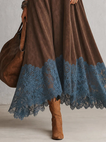Paloma | Vestido largo efecto ante con bajo de encaje