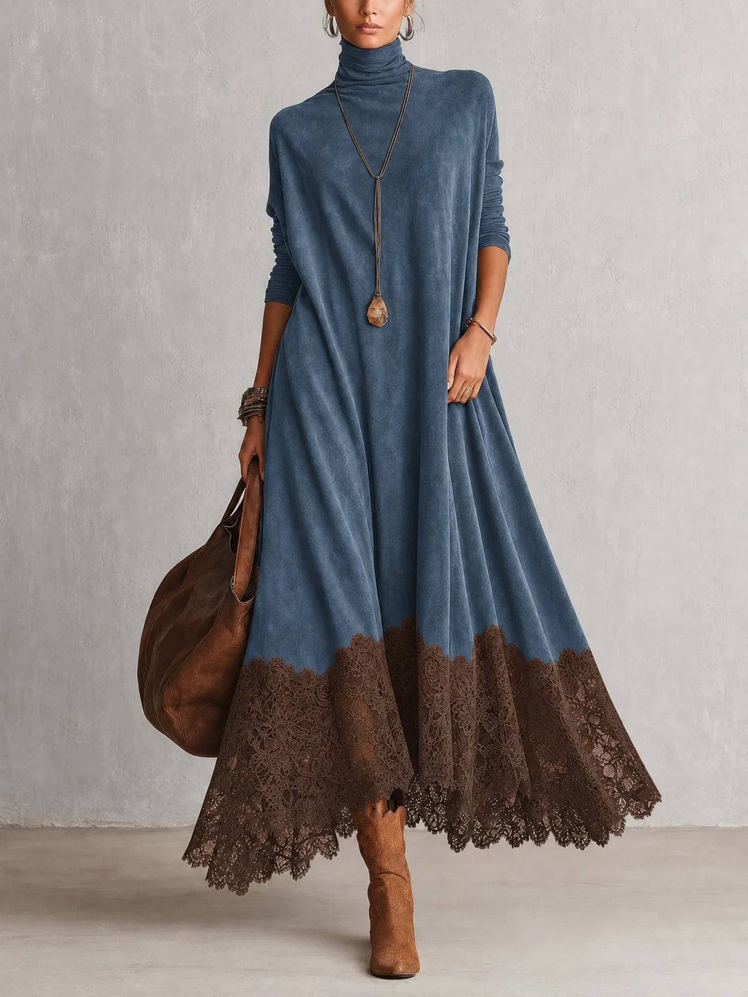 Paloma | Vestido largo efecto ante con bajo de encaje