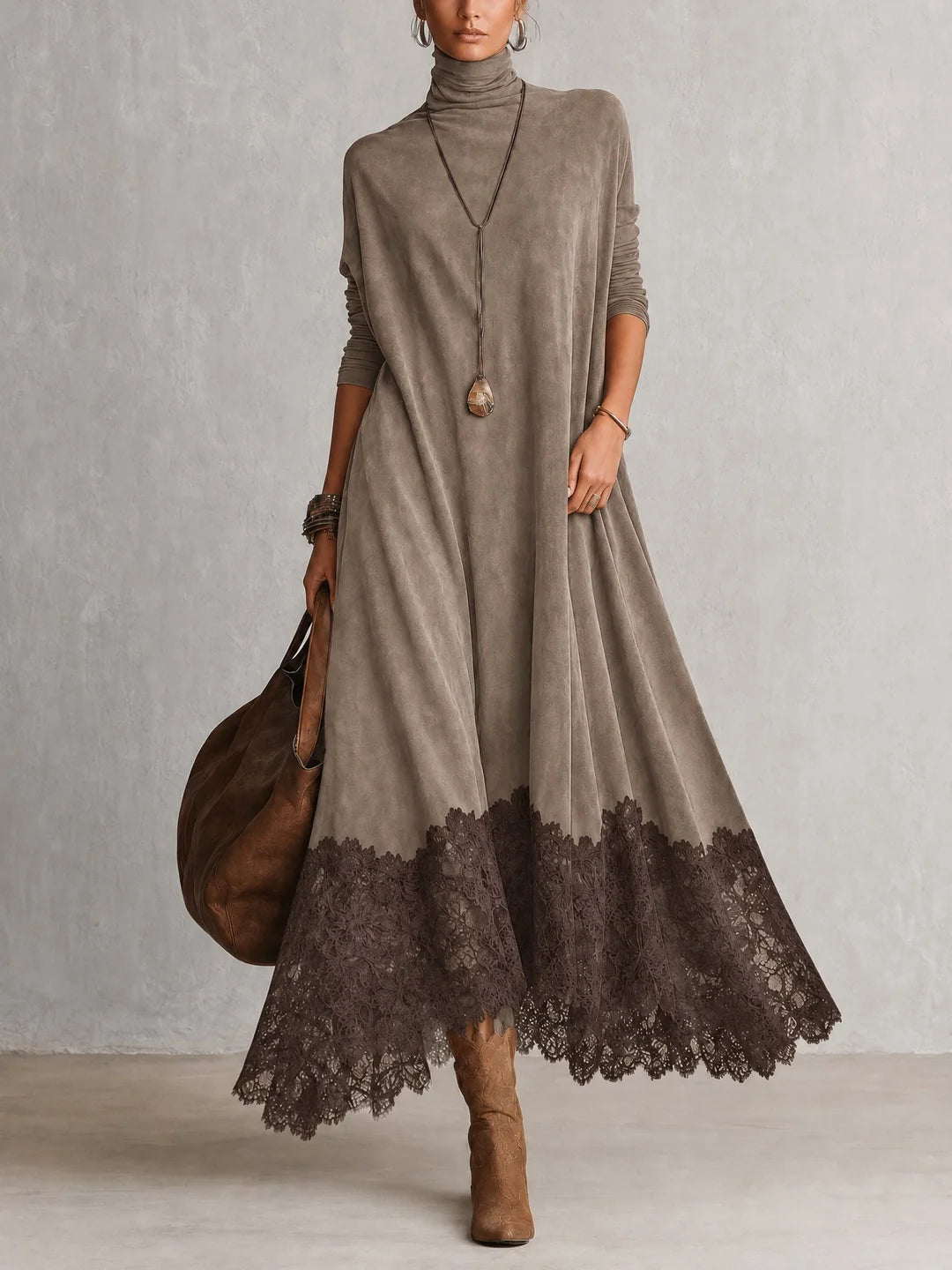 Paloma | Vestido largo efecto ante con bajo de encaje