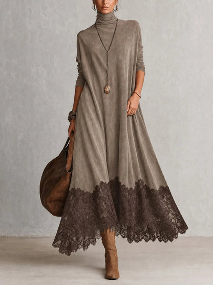 Paloma | Vestido largo efecto ante con bajo de encaje