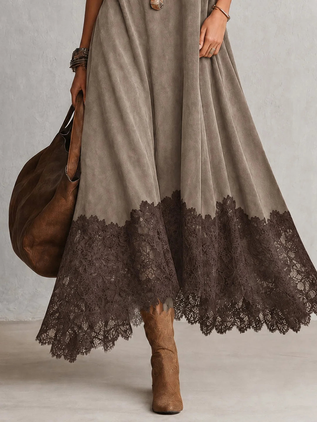 Paloma | Vestido largo efecto ante con bajo de encaje