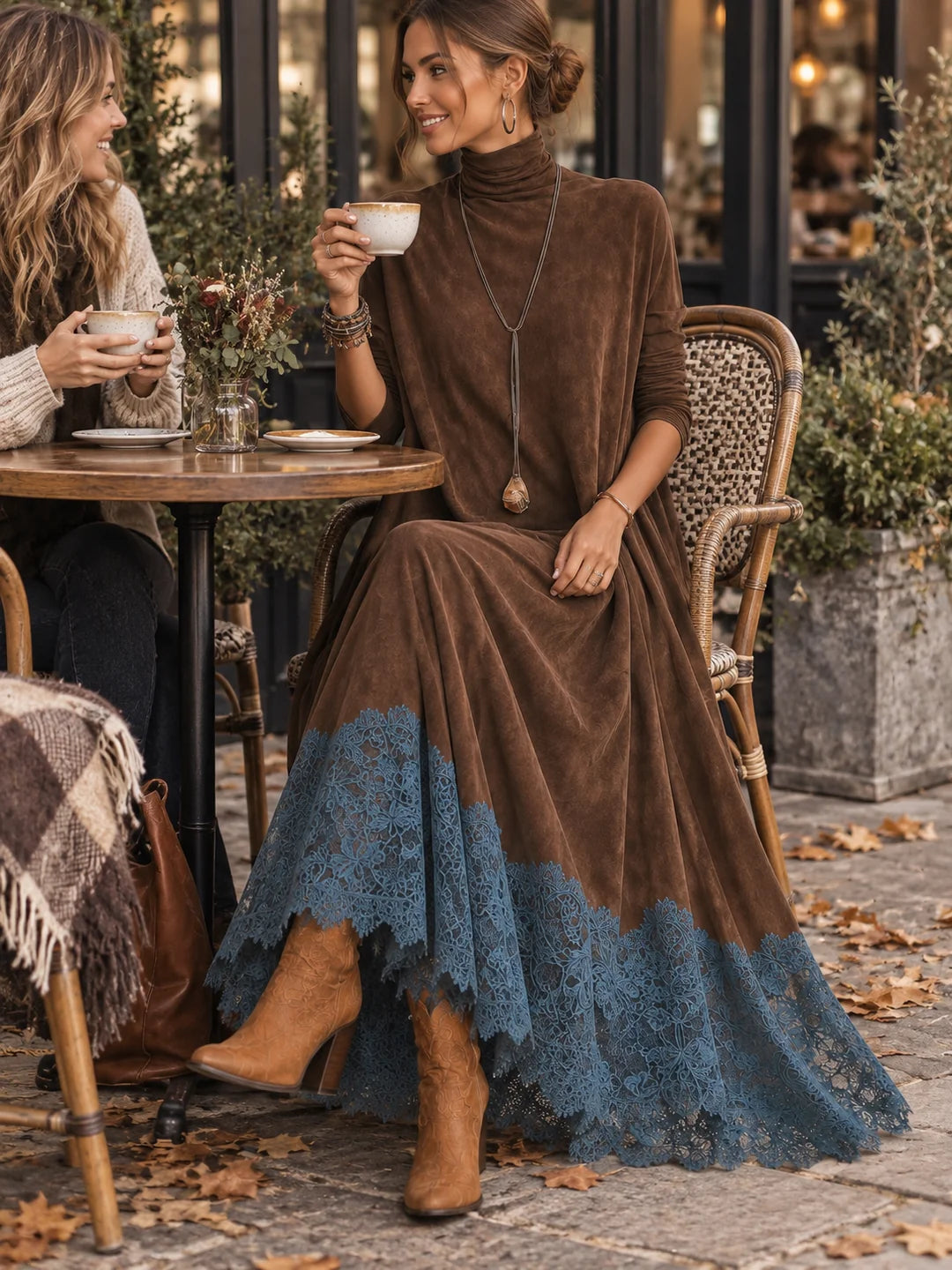 Paloma | Vestido largo efecto ante con bajo de encaje