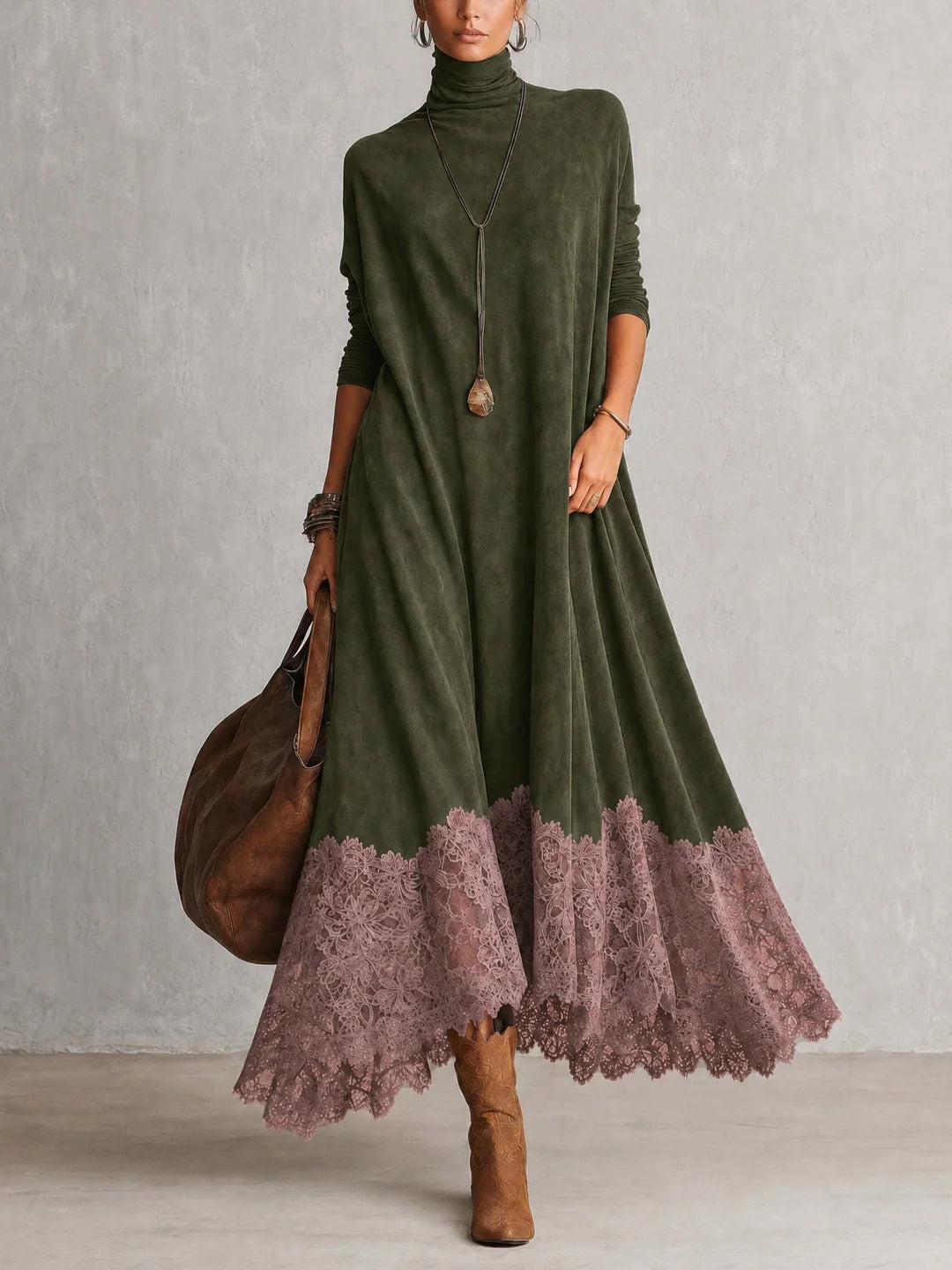 Paloma | Vestido largo efecto ante con bajo de encaje