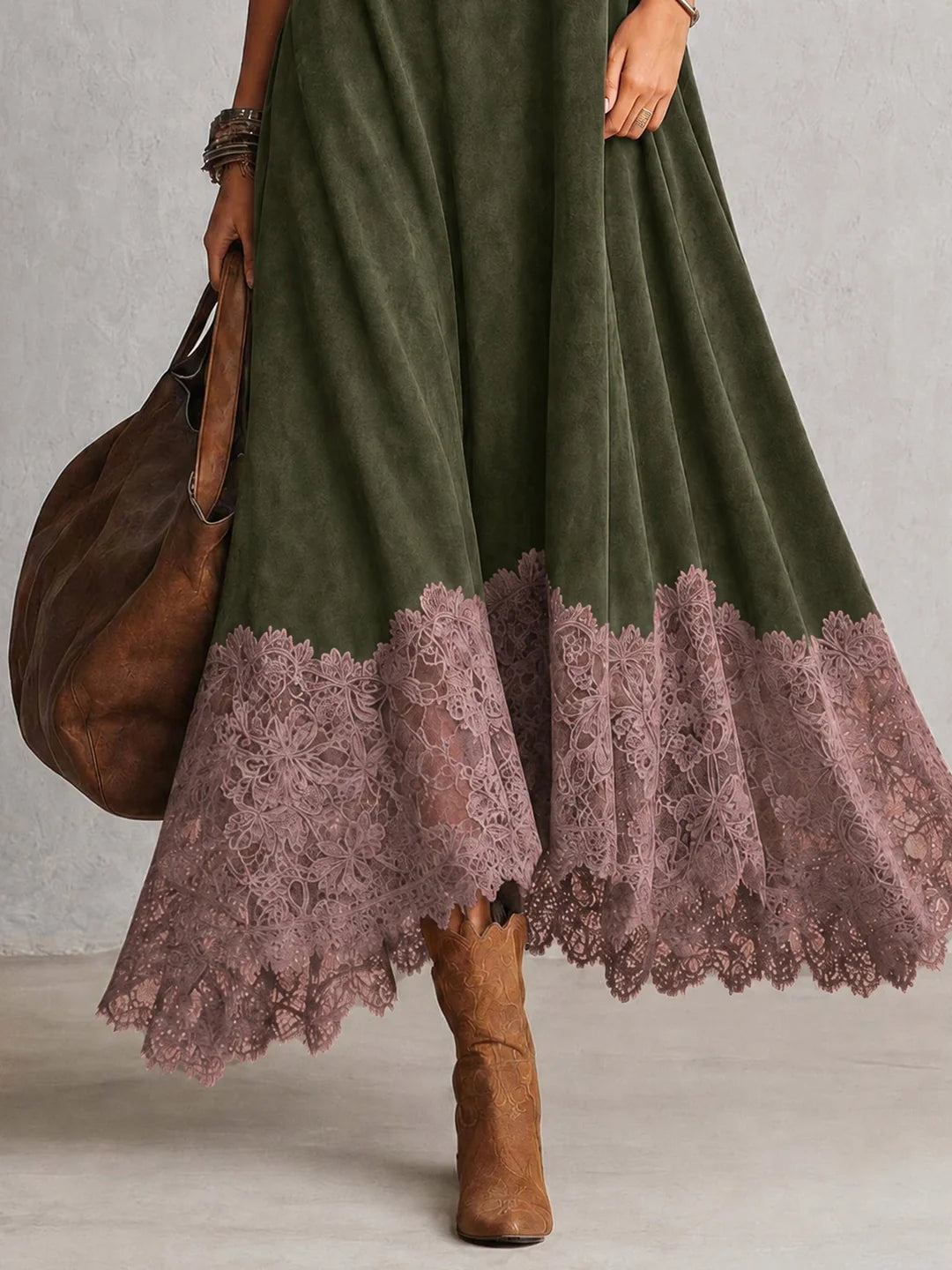 Paloma | Vestido largo efecto ante con bajo de encaje