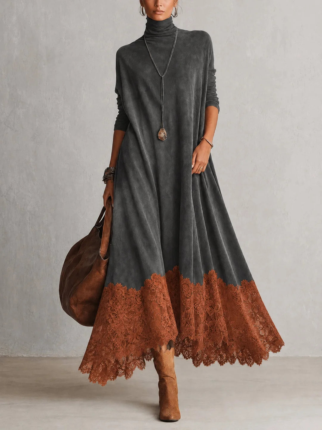 Paloma | Vestido largo efecto ante con bajo de encaje