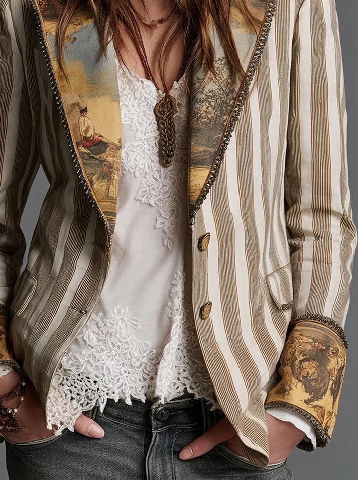 Sara | Blazer bohemio de rayas con solapas estampadas