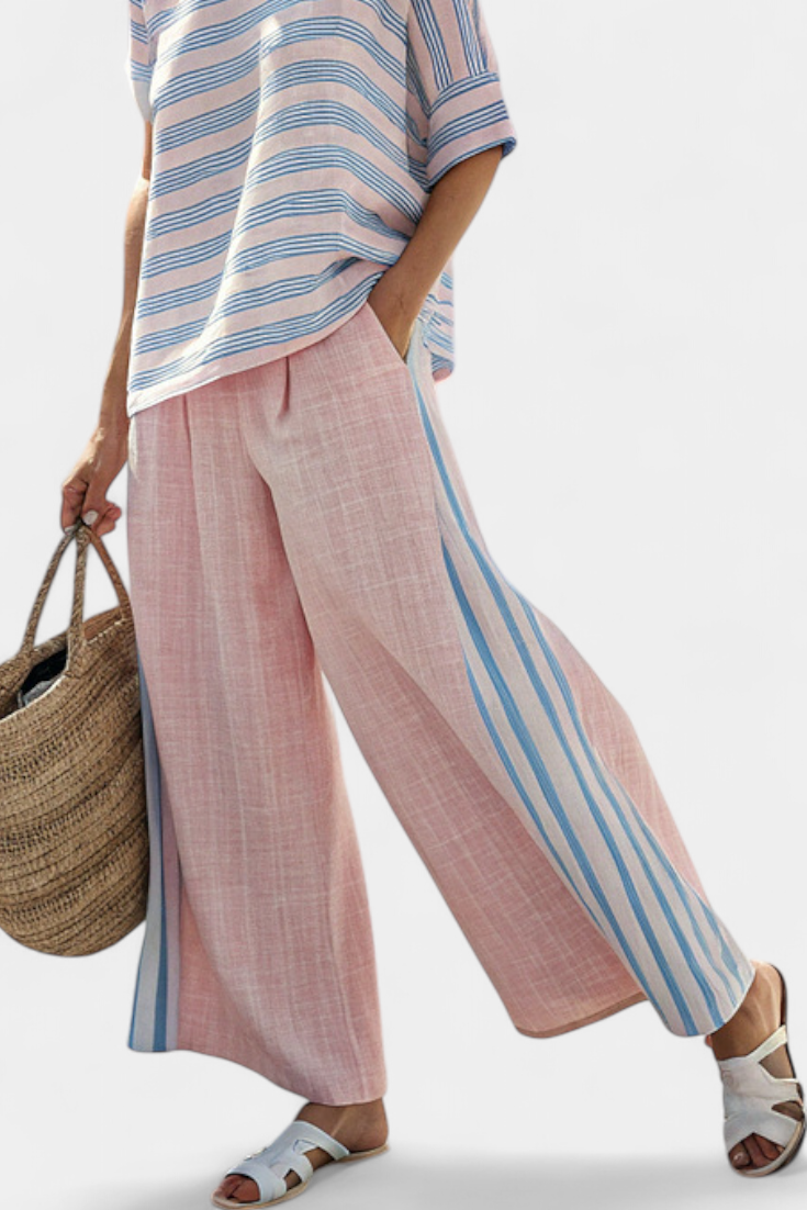 Virella | Elegante blusa de lino rosa y azul y pantalones suaves