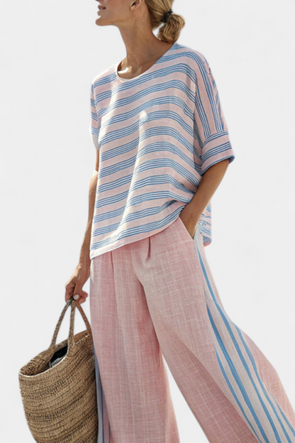 Virella | Elegante blusa de lino rosa y azul y pantalones suaves