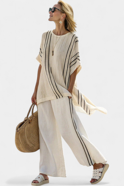 Greysen | Elegante blusa de lino marfil y pantalones de rayas negras