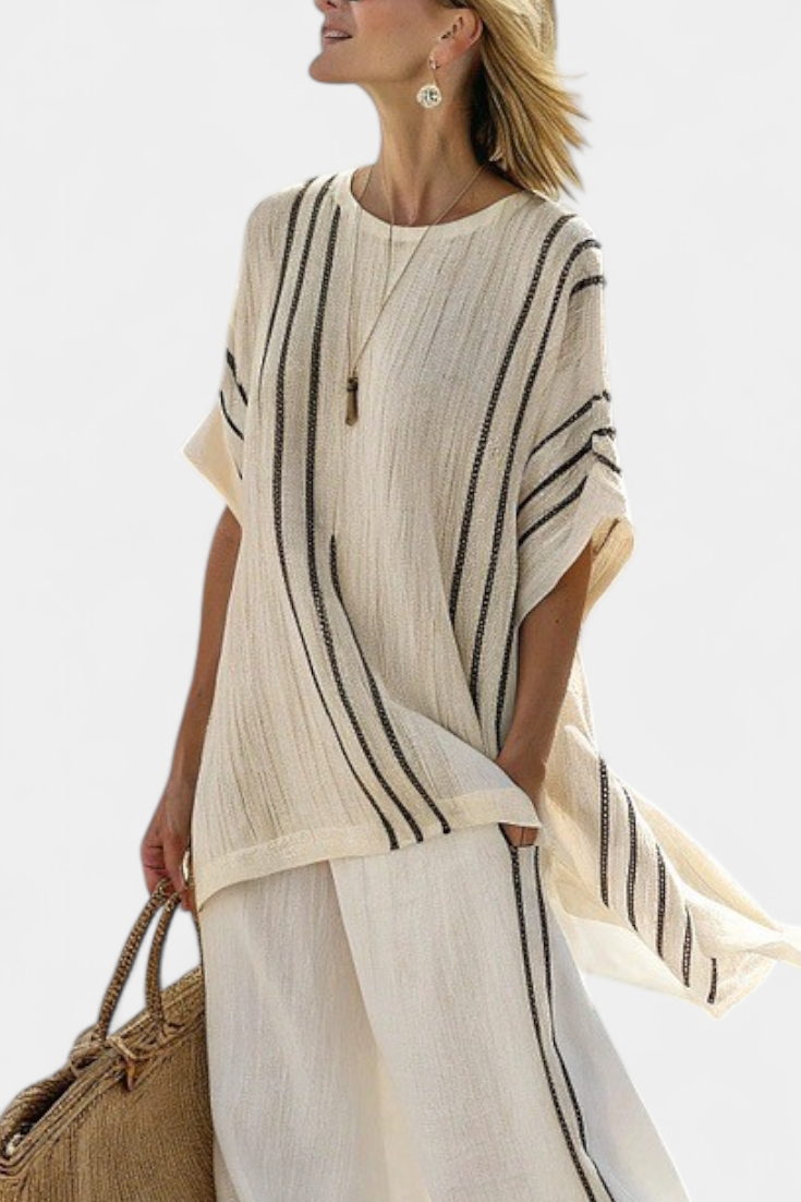 Greysen | Elegante blusa de lino marfil y pantalones de rayas negras