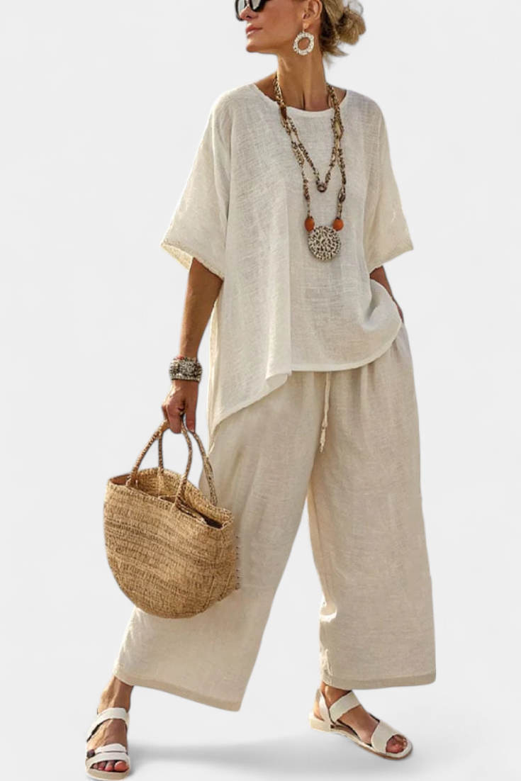 Drevon | Blusa minimalista cómoda y pantalones de pierna ancha