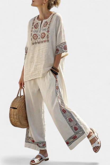 Tameric | Blusa cruda bordada sofisticada y pantalones anchos