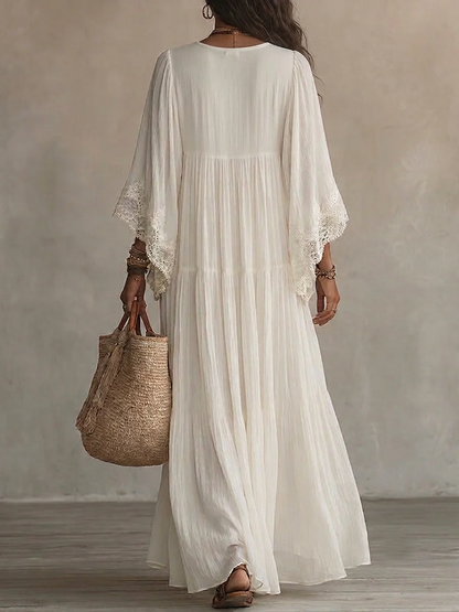 Adelaida | Vestido largo de gasa color marfil con mangas murciélago y encaje blanco