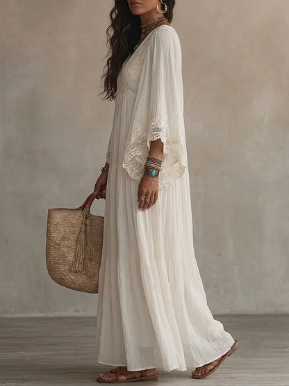 Adelaida | Vestido largo de gasa color marfil con mangas murciélago y encaje blanco