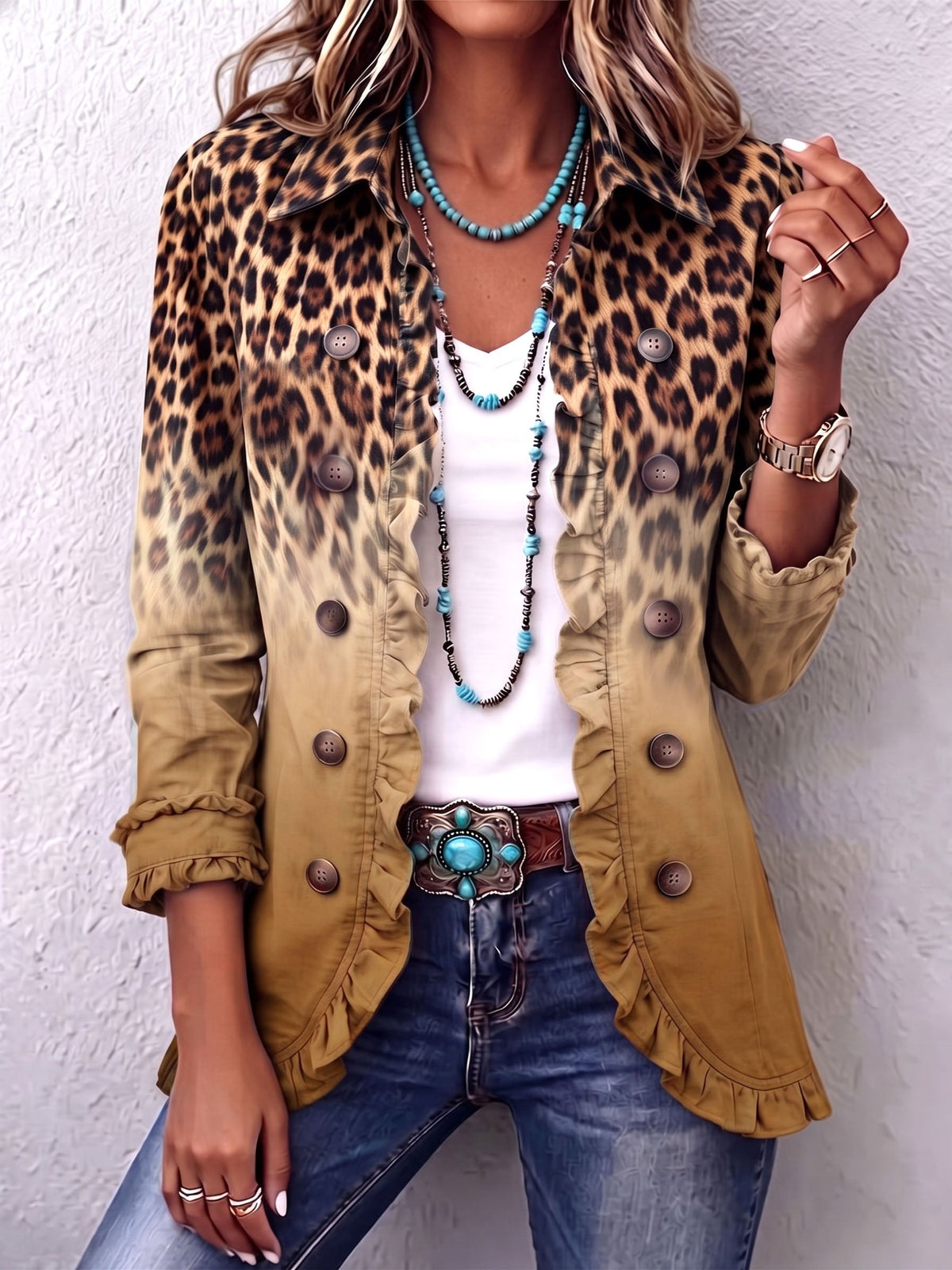 Trinidad | Chaqueta blazer leopardo ocre con volantes