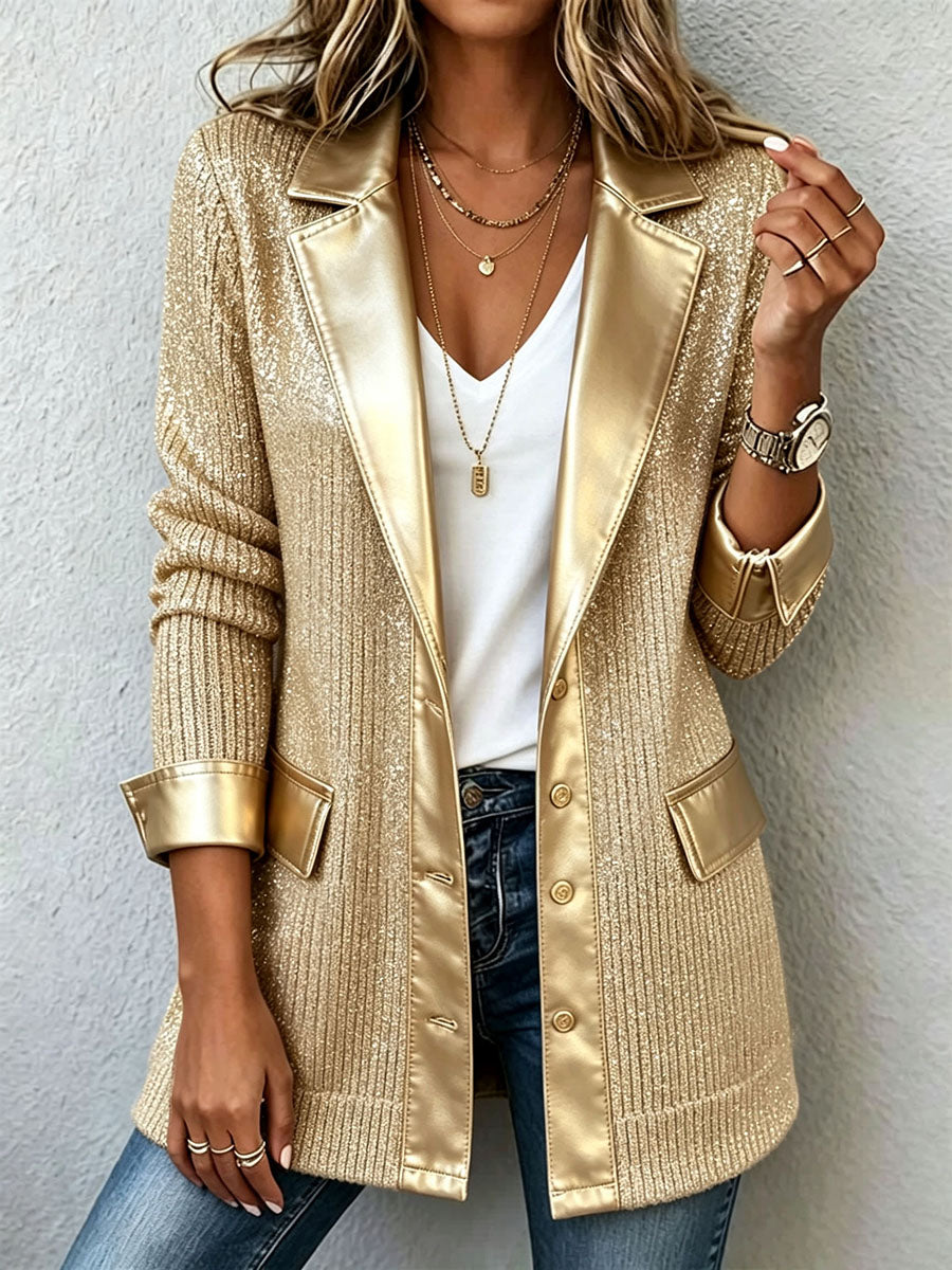 Aurelia | Blazer de punto dorado con ribetes de polipiel