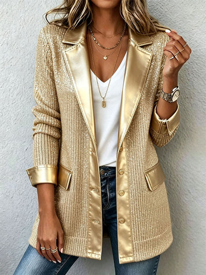 Aurelia | Blazer de punto dorado con ribetes de polipiel